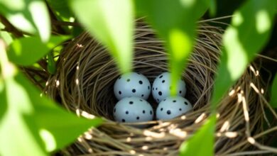 Blue Jay nest with speckled eggs among green leaves.