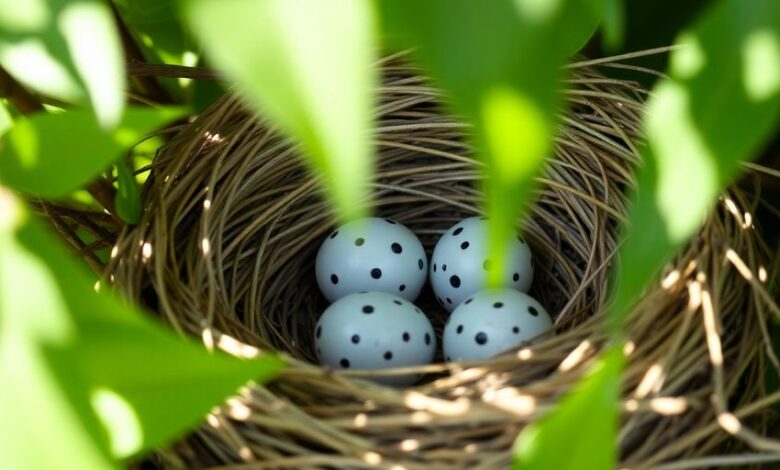 Blue Jay nest with speckled eggs among green leaves.