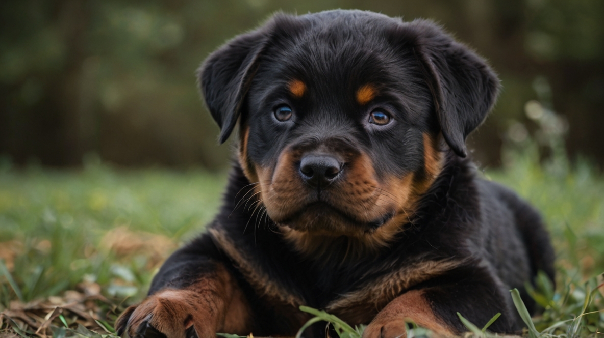 A close-up of a Rottweiler puppy lying on grass. The puppy, known for the question "Are Rottweilers Born with Tails?", has a black and tan coat, expressive eyes, and floppy ears. The background is blurred with greenery, drawing focus to the puppy's adorable face.