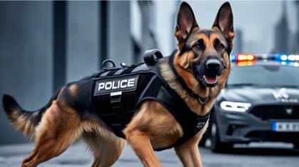 A German Shepherd police dog wearing a vest with a "POLICE" label stands alert on a city street. In the background, a police car with flashing lights is visible. The German Shepherd Police Dog looks ready for action, exuding strength and focus, showcasing why these dogs are trusted in law enforcement.