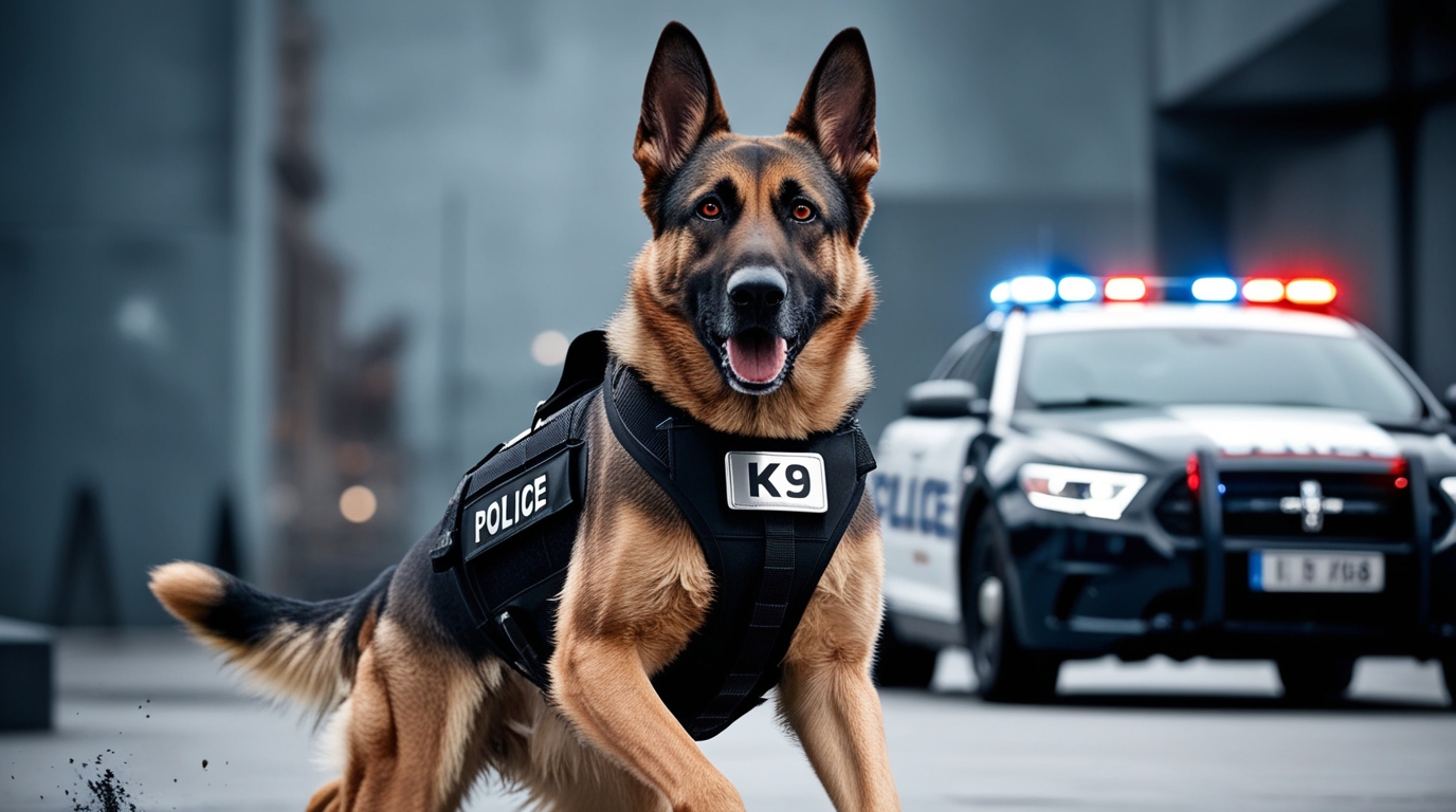 A German Shepherd Police Dog, equipped with a black vest labeled "POLICE K9," stands alertly on an urban street. Behind the dog, a police car with flashing lights is partially visible. The setting is mostly grey, suggesting a city environment, perhaps during the afternoon or evening.