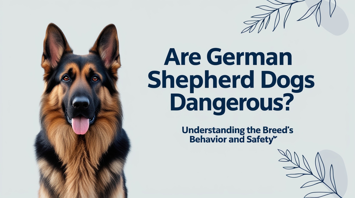 A German Shepherd dog with its tongue out is on the left side of the image. The text on the right reads, "Are German Shepherd Dogs Dangerous? Understanding the Breed's Behavior and Safety." Decorative leaves are around the text on a light background, addressing if German Shepherds are dangerous dogs.