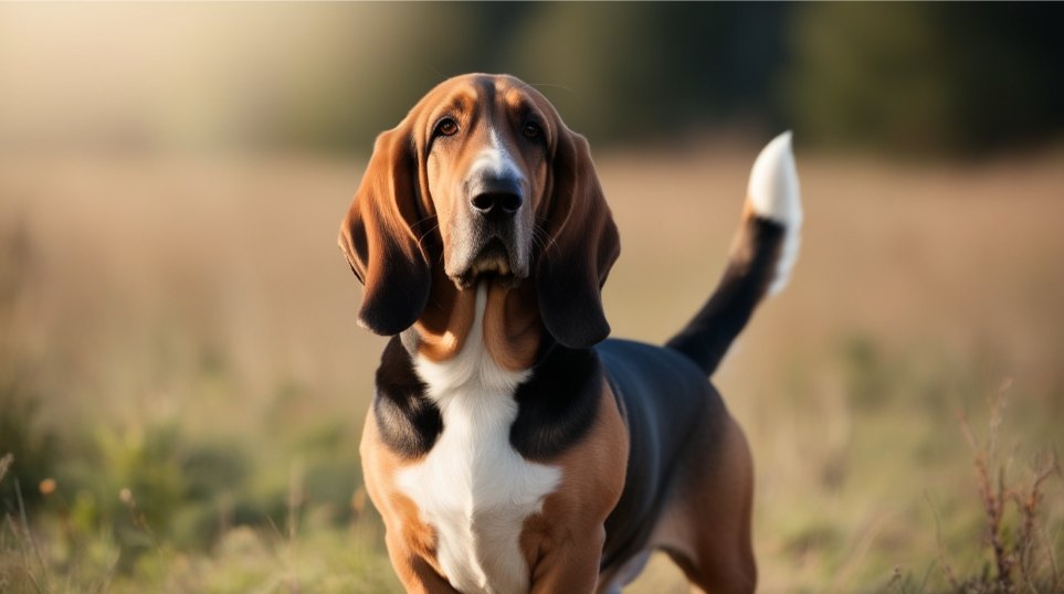 A Basset Hound German Shepherd Dog mix with a tri-color coat of black, white, and tan stands attentively in a grassy field. Its long, droopy ears and expressive eyes are prominently visible, and a blurred background of greenery suggests an outdoor setting during the daytime.