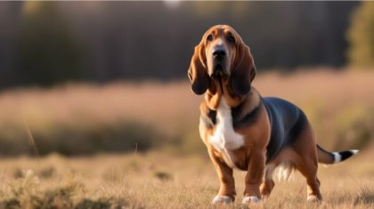 A Basset Hound German Shepherd Dog Mix with droopy ears and a tricolor coat stands in a grassy field. The background is softly blurred with hues of green and brown, suggesting a natural outdoor setting. The dog gazes forward with a calm and alert expression.