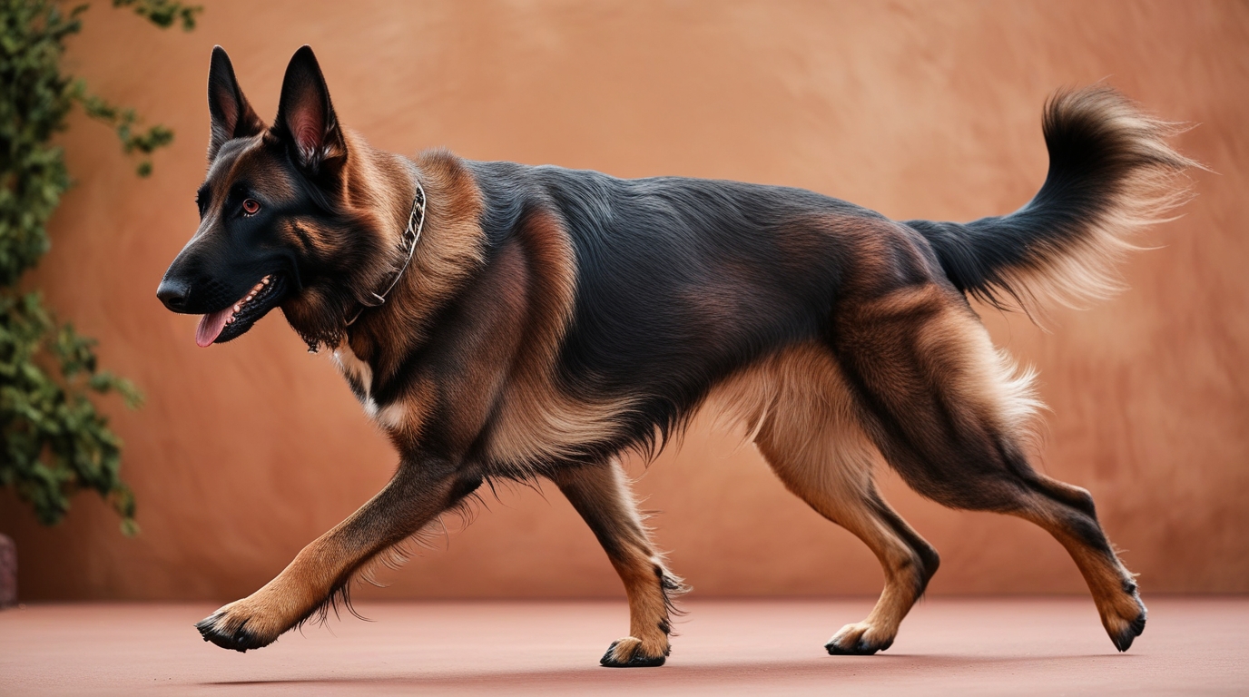 A Belgian Malinois/German Shepherd Dog Mix with a shiny, dark brown and black coat walks confidently on a reddish-brown surface. The dog has pointy ears, a bushy tail, and wears a collar. There is a blurred green plant in the background and a light brown wall.