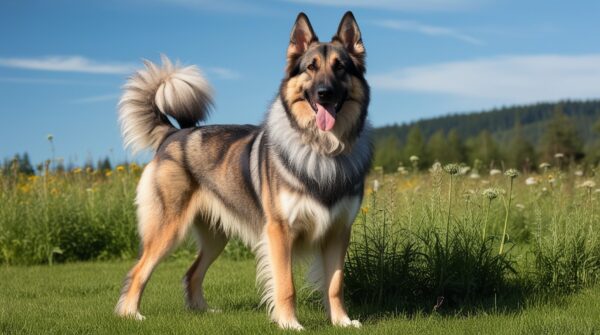 A large, furry dog, likely a Norwegian Elkhound German Shepherd Dog mix, with a blend of tan, black, and gray fur stands on a grassy field under a clear blue sky. The dog's long tail is curled, and its pink tongue is hanging out. Wildflowers and trees dot the background, creating a serene setting.