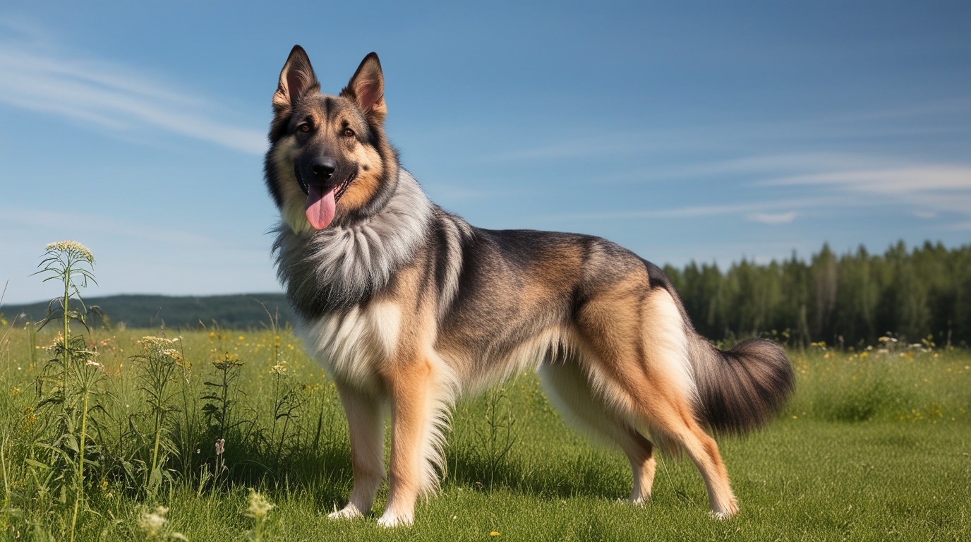 A happy brown and black Norwegian Elkhound German Shepherd Dog mix with pointy ears and a fluffy tail stands on a grassy field with wildflowers. The dog has its tongue out and appears to be smiling. A forest and blue sky are in the background.