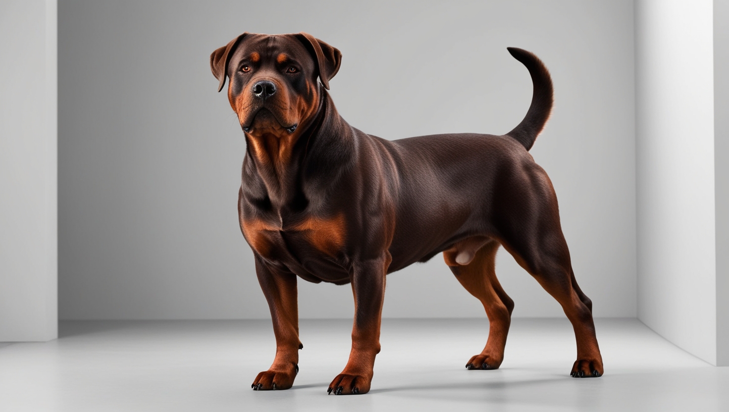 A strong, muscular brown and tan Rottweiler short tail and sleek coat stands in a bright, minimalistic room. The dog has alert ears, intense eyes, and a slight curve in its short tail, exuding a confident and protective stance.