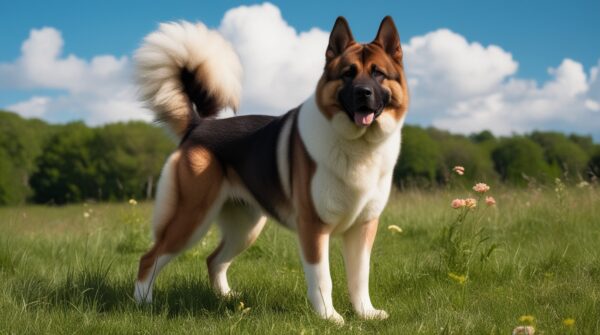 A happy Akita dog mixed with German Shepherd, boasting a fluffy tail, stands on grass in a meadow under a blue sky with white clouds. Flowers are scattered on the ground around the dog, and a line of trees is visible in the background.