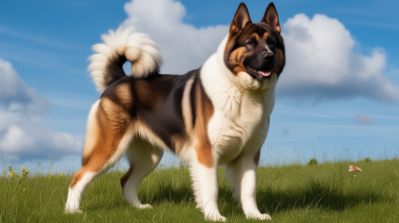 A majestic Akita Dog mixed with German Shepherd, showcasing a blend of brown, black, and white fur, stands confidently on a grassy field. The dog's fluffy tail curls over its back, and it sports a friendly expression. The bright sky with a few clouds adds to the scene's charm.