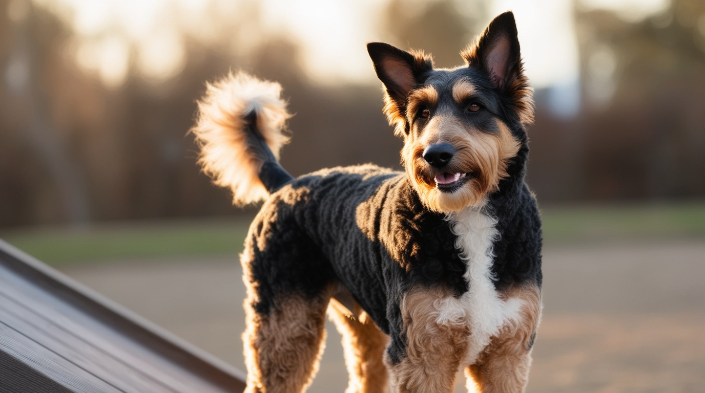 A happy German Shepherd Poodle mix dog with a black and brown coat stands on a playground structure, looking forward with ears perked up and tail raised. The sun is setting in the background, casting a warm glow on the scene. The background is slightly blurred, highlighting the dog.