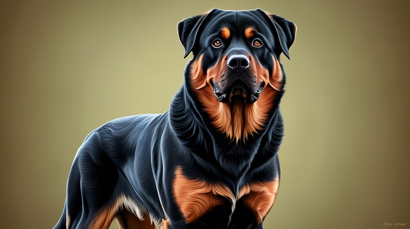 A detailed digital painting of a Rottweiler and German Shepherd Mix against a plain background. The dog has a glossy black coat with rich tan markings on its chest, paws, and face. Its expressive eyes and strong, muscular build are prominently showcased.