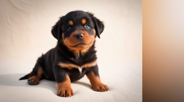 A small Rottweiler puppy with black and tan fur sits on a light-colored surface, looking up with curious eyes. The background is a soft, neutral color, enhancing the puppy’s vibrant coat and expressive face. Why Is My Rottweiler So Small? This little pup's petite size adds to its charm.