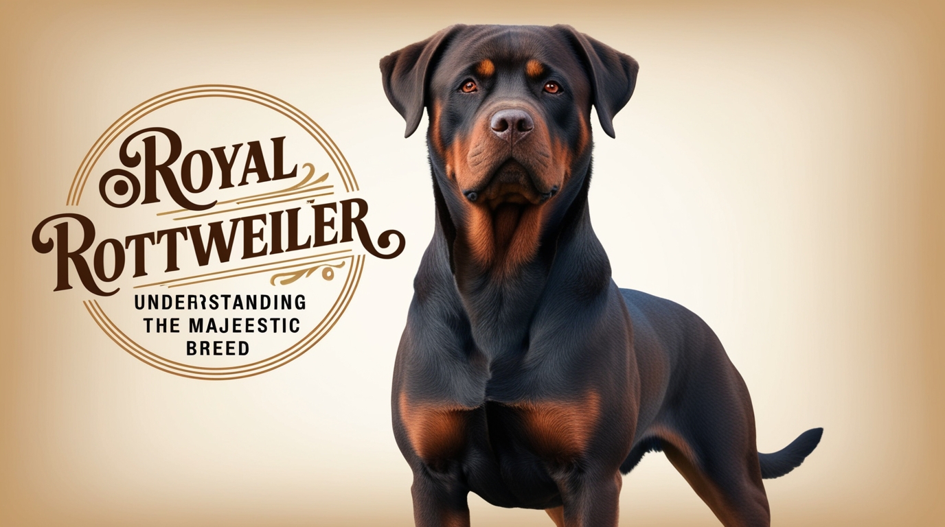 A regal Rottweiler stands proudly against a beige background. The text reads, "Royal Rottweiler: Understanding the Majestic Breed," capturing the strong and noble presence of this Royal Rottweiler.