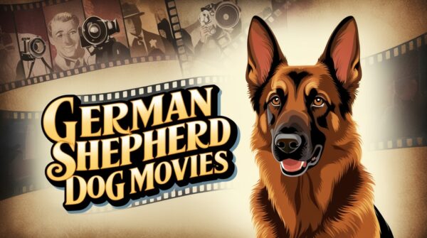 An illustration featuring a German Shepherd dog next to the text "German Shepherd Dog Movies" in bold, vintage-style typography. The background includes film reels with scenes of people using old-fashioned cameras, evoking the charm of classic Hollywood. Ideal for fans of dog movies with German Shepherds!