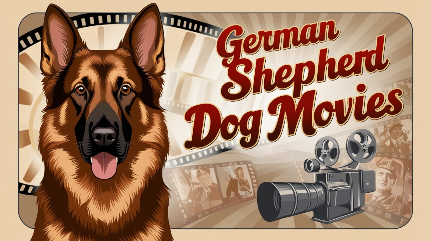 Illustrated image featuring a German Shepherd dog beside a vintage film camera and a filmstrip. The text "German Shepherd Dog Movies" is prominently displayed in a bold, retro font. The background includes sepia-toned images of actors in classic film scenes, celebrating iconic dog movies with German Shepherds.