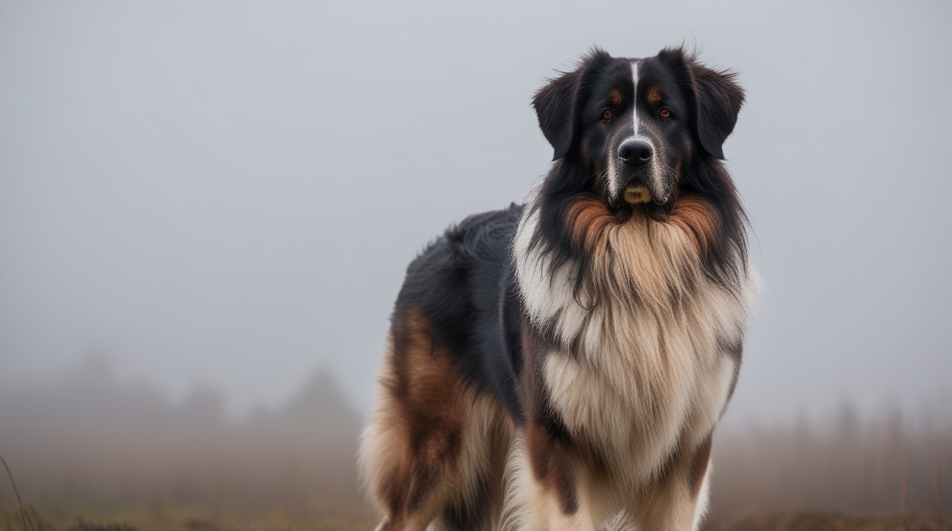 A large, fluffy Newfoundland German Shepherd Dog Mix with a black, white, and brown coat stands alert in a misty field. The background is foggy, making the trees and horizon barely visible. The dog's fur is thick, especially around its neck, giving it a majestic appearance.