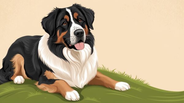 Illustration of a large, friendly-looking Bernese Mountain Dog with a glossy black, white, and brown coat, sitting on a grassy area with its tongue hanging out. The background is a plain light tan color, reminiscent of the distinct features seen in Newfoundland German Shepherd Dog Mix breeds.