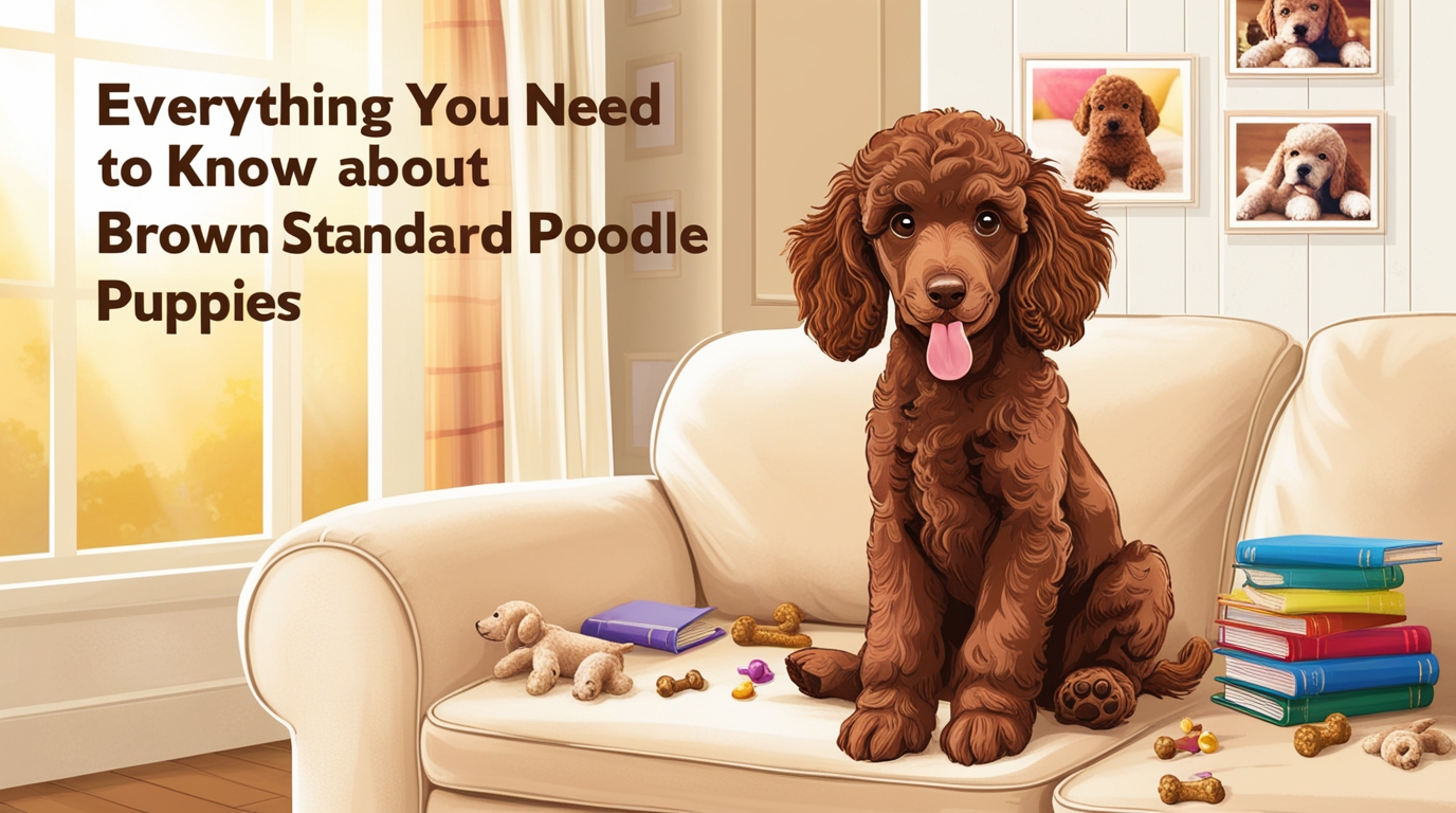 Illustrated image of a brown Standard Poodle puppy sitting on a white sofa with toys and books surrounding it. The wall behind features framed pictures of other poodles. Text on the image reads, "Everything You Need to Know about Brown Standard Poodle Puppies.