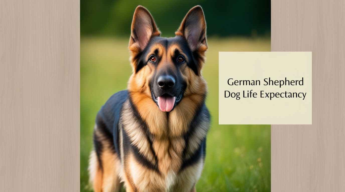 A German Shepherd with a thick, black and tan coat stands outdoors with a blurred green background. The text "German Shepherd Dog Life Expectancy" is displayed on a light-colored rectangle beside the dog, highlighting important information about this loyal breed's lifespan.