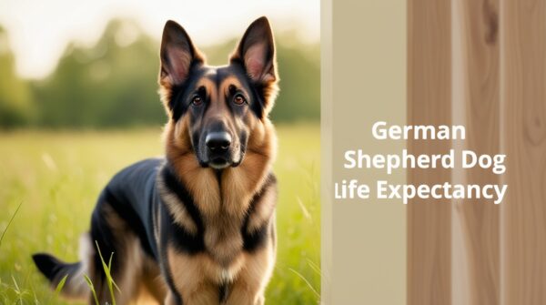 A German Shepherd stands on grass with a blurred background. Text on the image reads, "German Shepherd Dog Life Expectancy." The dog looks directly at the camera, showing its alert and attentive expression, highlighting the awareness typical of this breed as they enjoy their lifespan to the fullest.