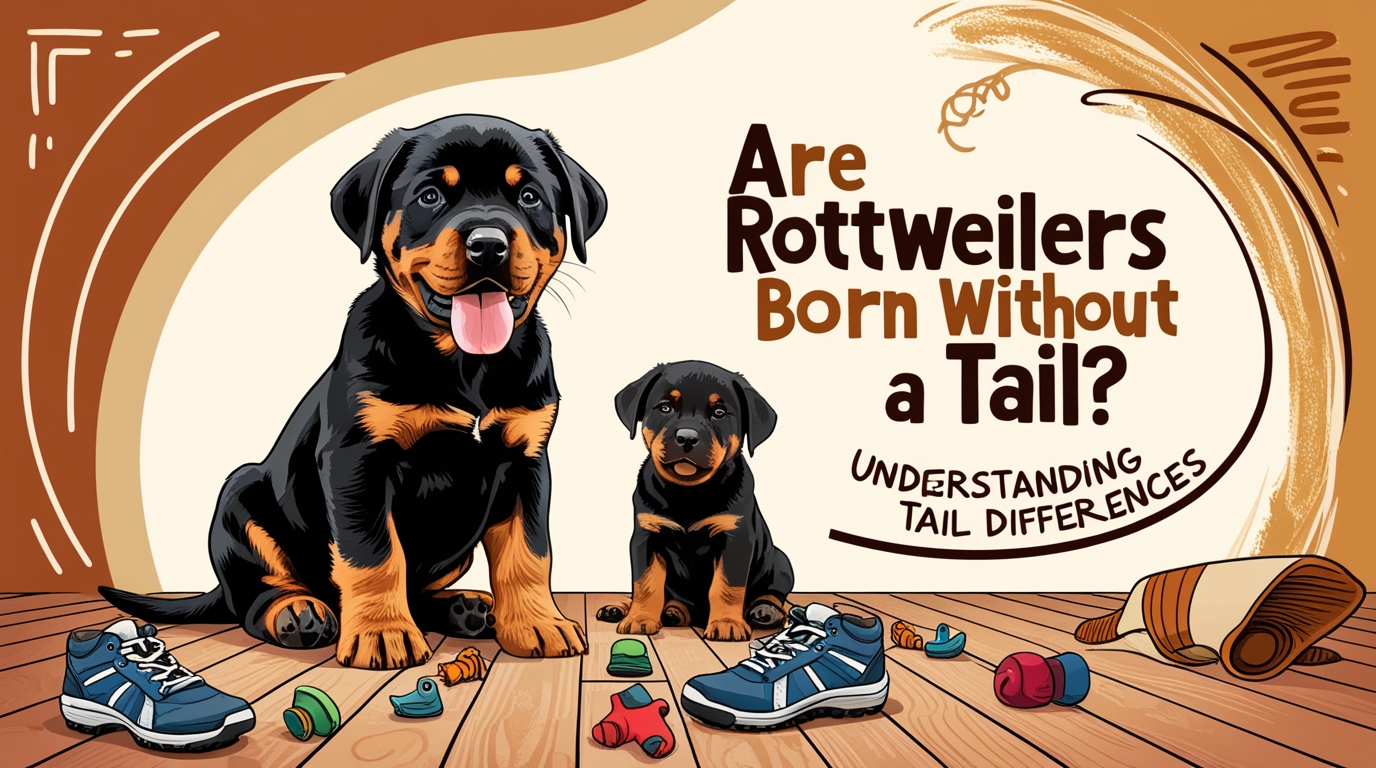 Illustration of two Rottweiler puppies sitting on a floor scattered with toys and shoes. Bold text reads, "Are Rottweilers Born Without a Tail? Understanding Tail Differences." One puppy has a short tail and the other has a long tail. Are Rottweilers Born Without a Tail invites further exploration.