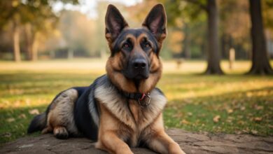 A German Shepherd dog with a black and tan coat is lying on the ground in a park. The background shows trees with autumn foliage and a grassy area. The dog has a red collar and is looking attentively at the camera, highlighting why many ask, "Are German Shepherds good therapy dogs?