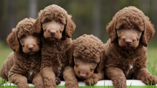 Four curly-haired brown Standard Poodle puppies are lying side by side on a green grassy surface. Their expressive eyes and soft fur add to their adorable appearance. A blurred outdoor background with greenery adds a peaceful ambiance to the scene.