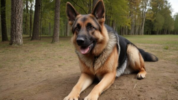 A German Shepherd lies on the ground, looking ahead with its tongue slightly out. The dog is surrounded by a forest with tall trees and a dirt path. This serene setting contrasts starkly with the powerful German Shepherd dog bite force, highlighting a moment of peace during their walk in nature.