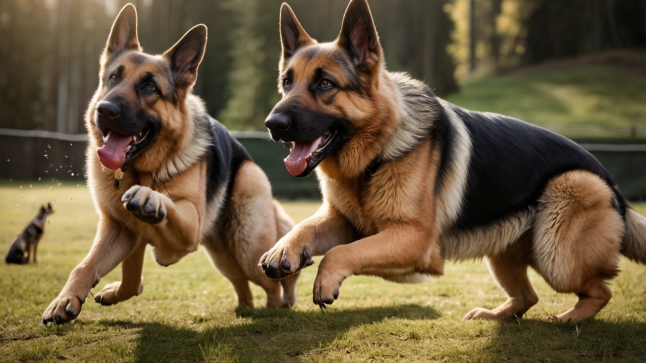 Two German Shepherds are joyfully running side by side on a grassy field with their tongues out, demonstrating their strength and agility. In the background, another German Shepherd is sitting near a fence. The sunlight filters through the trees, creating a warm, lively scene.