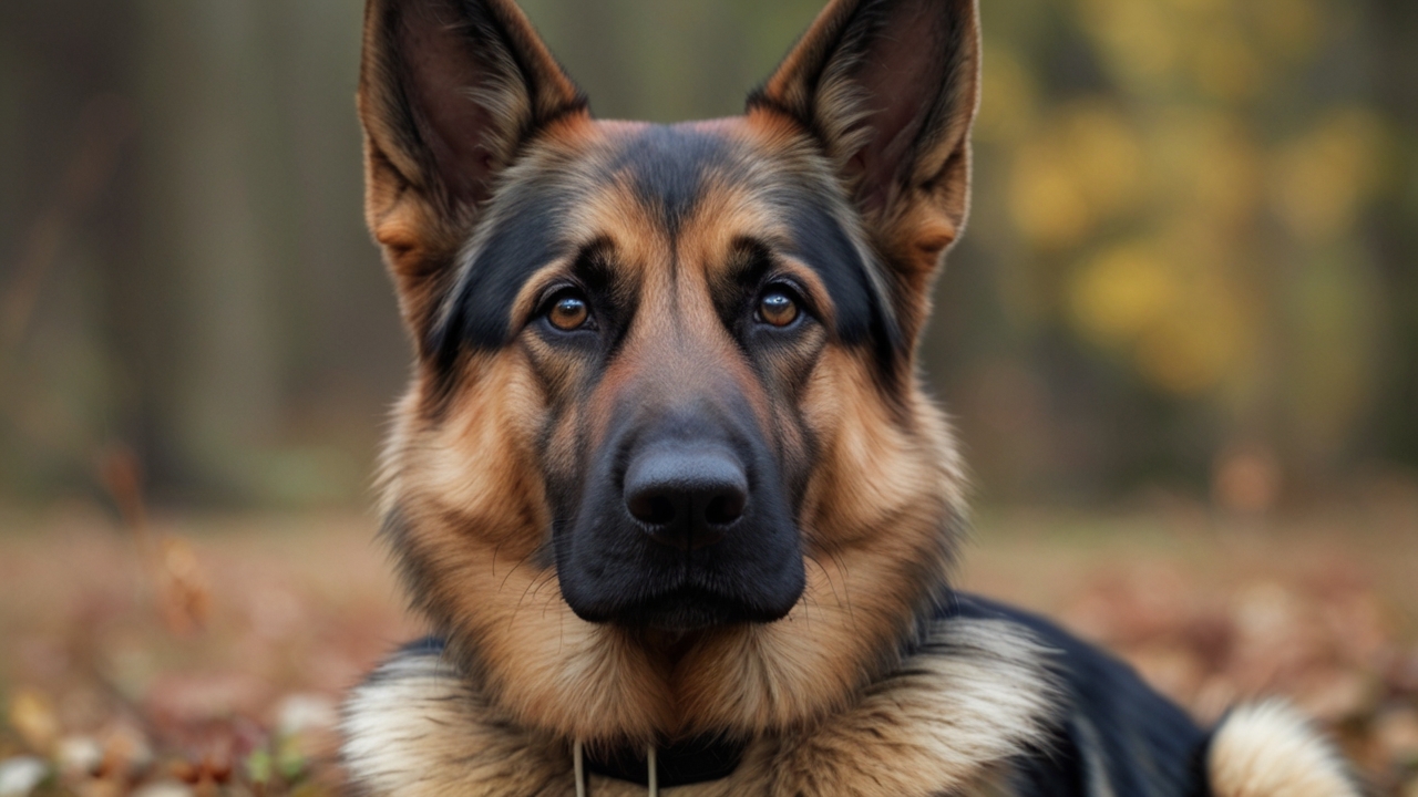 A close-up shot of a black and tan German Shepherd Dog lying down on a forest floor surrounded by autumn leaves. The dog is alert, with upright ears and focused eyes, blending beautifully with the earthy tones of the background.