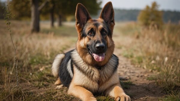 A German Shepherd with a black and tan coat lies down on a dirt path surrounded by tall grass and trees. The dog looks directly at the camera with its tongue out and ears perked up, creating a friendly and alert expression. Considering how much a German Shepherd dog costs, this one seems worth every penny.