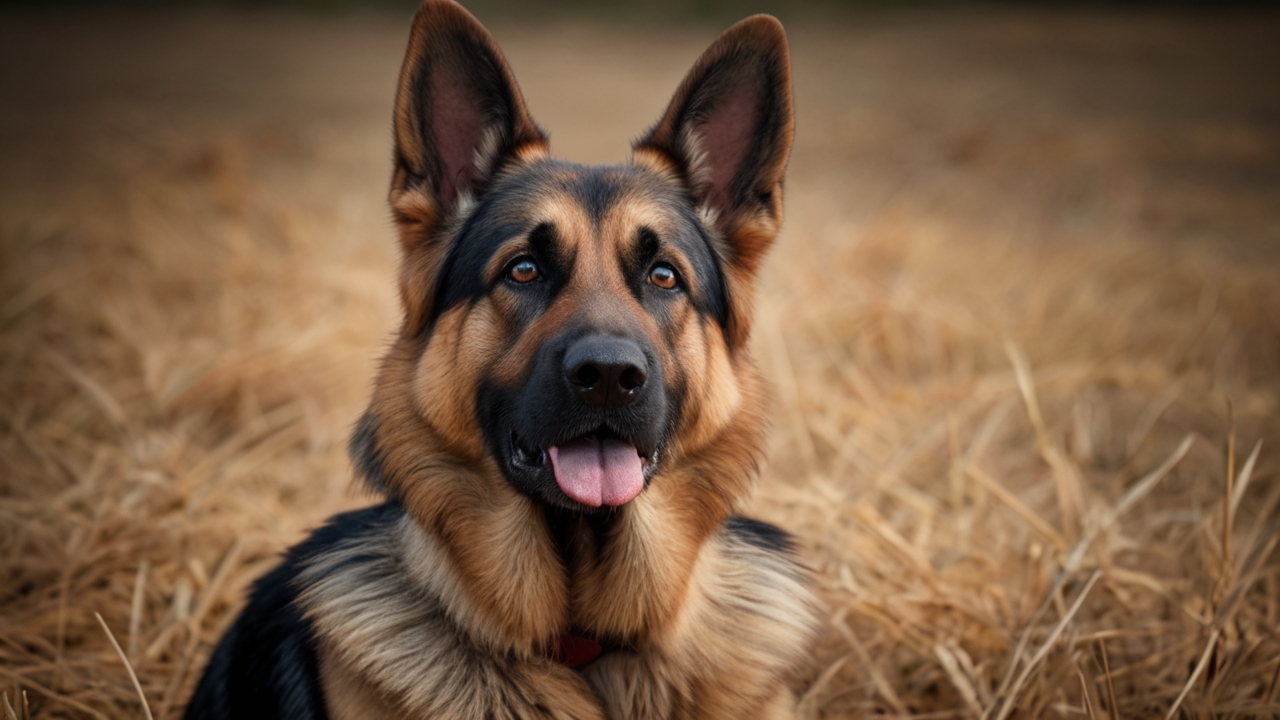 A German Shepherd with a black and tan coat sits attentively in a dry grassy field. Its ears are perked up, and it has a happy expression with its mouth slightly open and tongue out. The background is blurred, highlighting the dog's detailed features—a priceless moment regardless of the cost of a German Shepherd Dog.