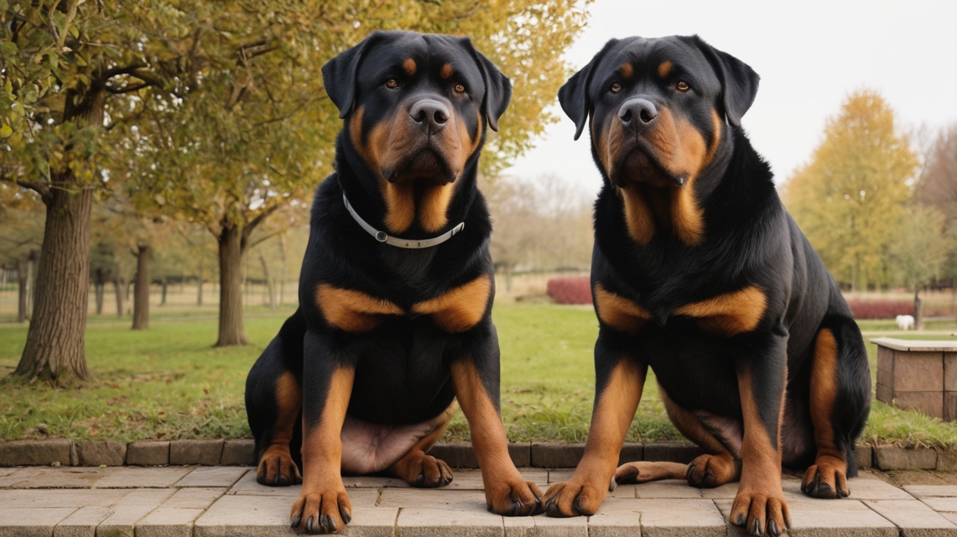 Two Giant Roman Rottweilers sit side by side on a stone platform in a park. Both dogs have shiny black fur with tan markings and look attentively at the camera. Behind them, trees with autumn leaves and a grassy area can be seen under a cloudy sky.