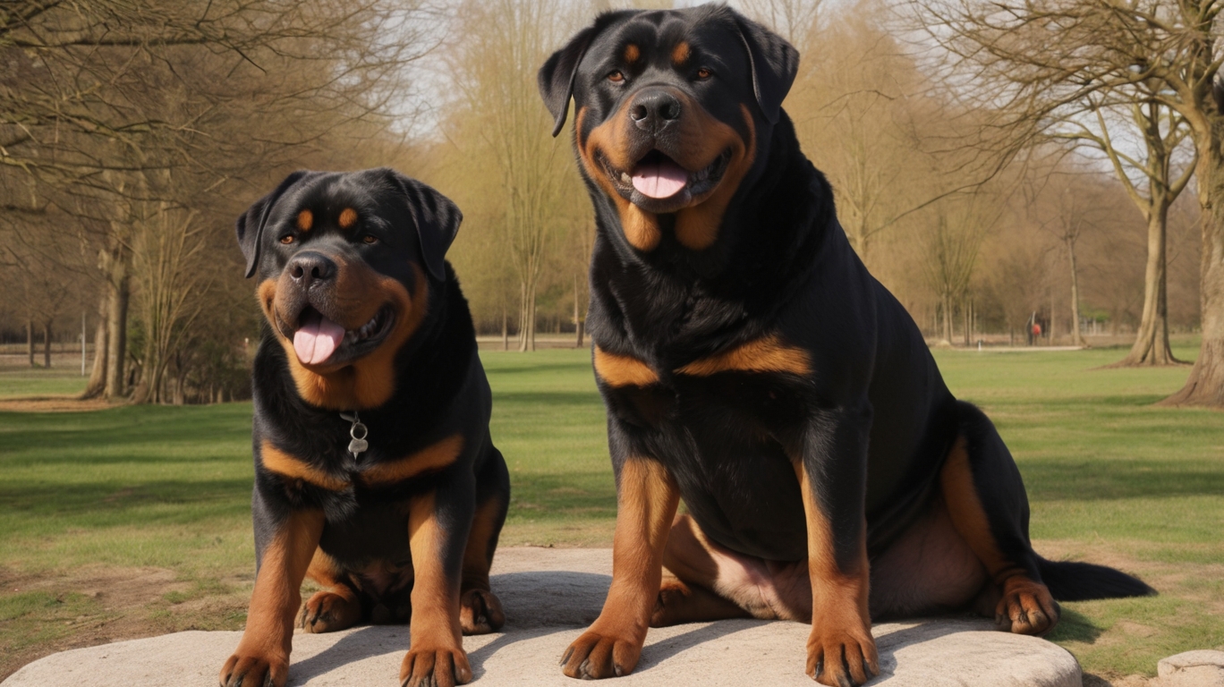 Two Giant Roman Rottweilers sit side by side on a large stone in a park. Both have shiny black fur with distinctive rust-colored markings and are panting with their tongues out, appearing happy. The background features leafless trees and green grass under clear skies.