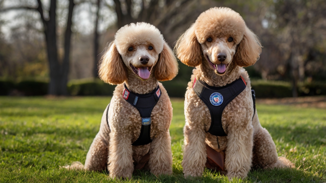 Two poodles sit on grass in a park, both wearing black harnesses. They appear happy, with mouths open and tongues out. The background features trees and blurred greenery, suggesting a pleasant outdoor setting. These poodles as service dogs bring joy to everyone around them.