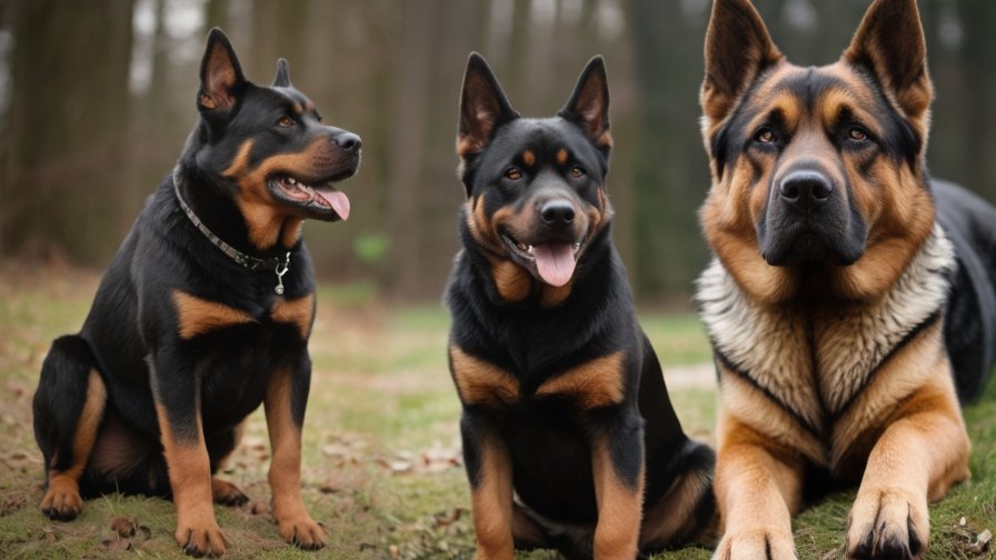 Three dogs sit and lie on grass in an outdoor setting, surrounded by trees. They appear to be mixes of Rottweiler and German Shepherd breeds, illustrating the blend one might consider when thinking about a Rottweiler dog vs German Shepherd. Varying slightly in size, they all have black fur with tan markings and look content and alert.