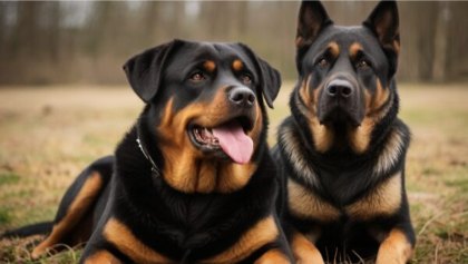 Two large dogs, one with its tongue out, lie on the grass with a blurred background of trees. With black and tan fur and attentive expressions, they resemble Rottweilers. This scene could easily be part of a friendly debate: Rottweiler dog vs German Shepherd.