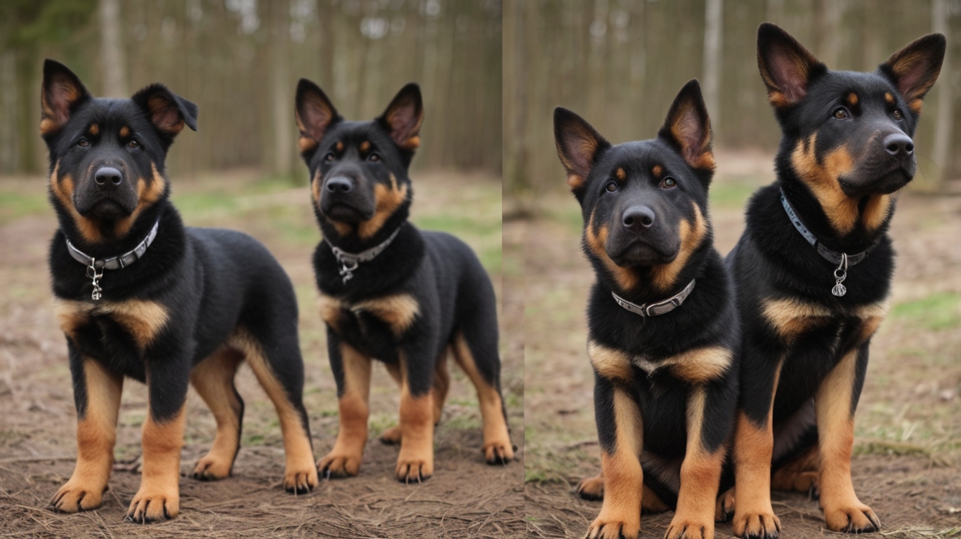 Two German Shepherd puppies, resembling an Alsatian Cross Rottweiler mix, stand side by side outdoors, looking directly at the camera. They have black fur with tan markings and are wearing black collars. The background is a wooded area with a dirt path.