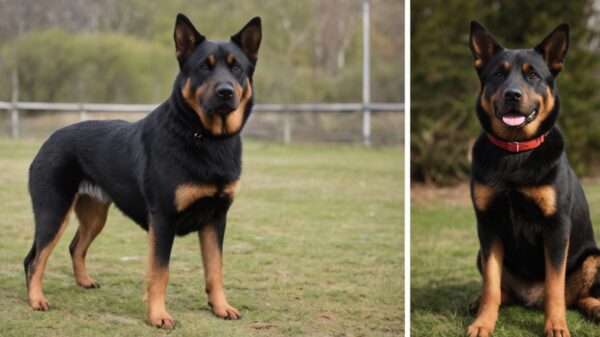 Two images of a black and tan Alsatian Cross Rottweiler with a sturdy build. On the left, the dog stands on grass, facing the camera with a serious expression. On the right, it sits on grass with its tongue out, appearing happy. A wooden fence and trees are visible in the background.