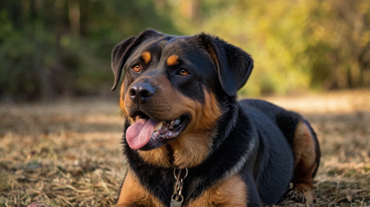 A large, black and brown dog, clearly a Rottweiler and German Shepherd mix, is lying on the ground outdoors. The dog has its tongue out and ears slightly perked up. The background is slightly blurred, showcasing a mix of green and yellow hues, suggesting a natural setting.