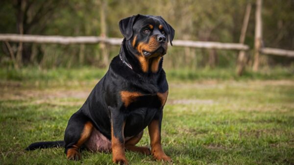 A large short tail Rottweiler with short tail and black and tan coat sits attentively on a grassy field. The background is blurred but shows wooden fencing and trees, indicating a park or outdoor setting. The dog’s posture is alert and focused.