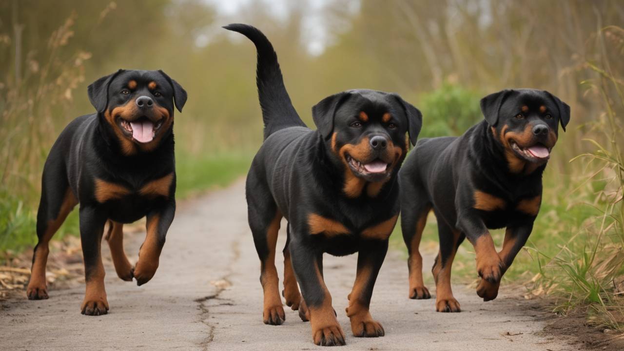 Three Rottweilers with tails wagging happily walk down a path surrounded by lush greenery. Their tongues are out, giving a sense of joy and playfulness. The scene exudes a pleasant, outdoor atmosphere.