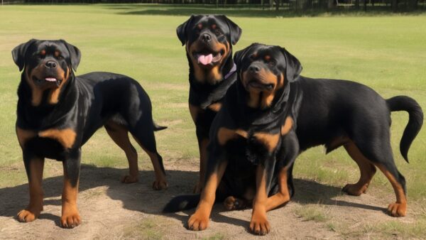 Three Rottweilers with tails stand on a grassy field under a clear sky. Two of the dogs are standing, while the third one sits in the middle. All have black and tan coats, and their tongues are hanging out. The background is a mix of green grass and trees.