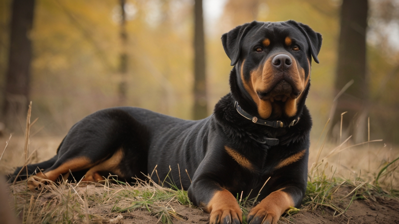 A robust Rottweiler, with a glossy black coat and distinctive tan markings, lies on a grassy ground in a forest. The dog, with no tail, looks alert and calm, with autumn-colored trees providing a serene background.