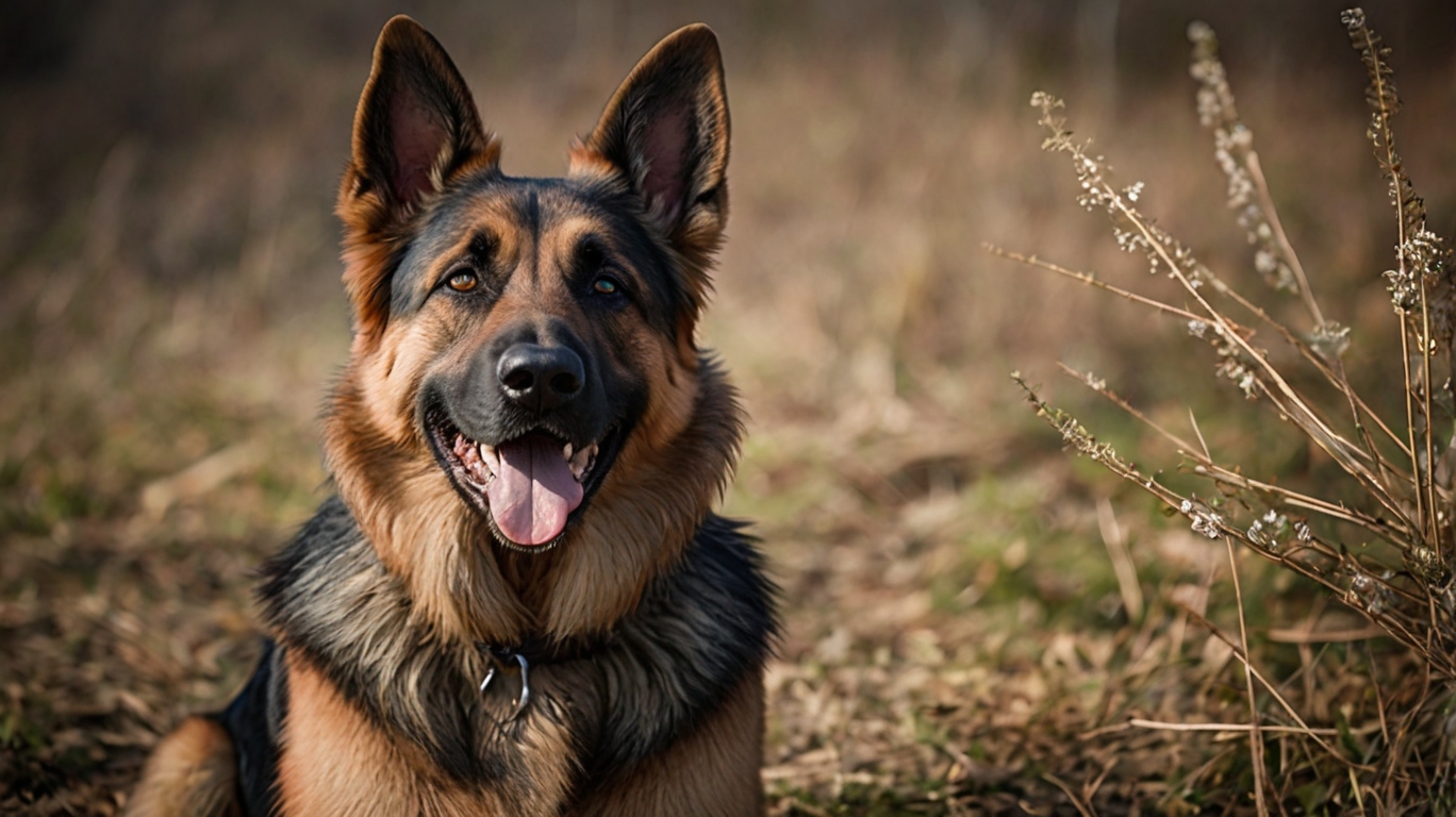 A West German Shepherd Dog with a happy expression sits in a dry, grassy field under a clear sky. The dog’s mouth is open, and its tongue is out. Some dried plants are visible on the right side of the image, contributing to the natural outdoor setting. dog picture