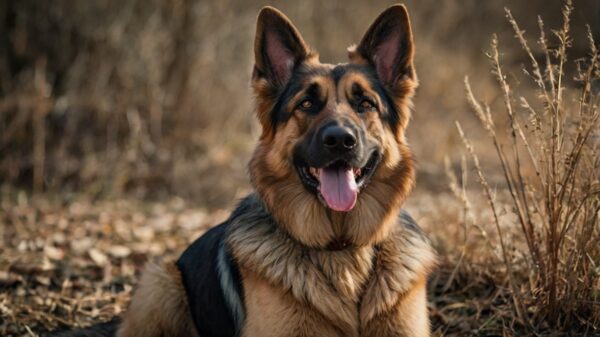 A West German Shepherd Dog is lying down on the ground with its mouth open, tongue out, and ears perked up. The background shows dry grass and plants, suggesting an outdoor setting, perhaps during autumn or winter. The dog appears happy and alert. dog picture