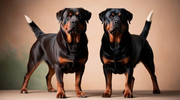 Two Rottweilers with tails stand side by side against a neutral background. Both have shiny black coats with distinctive brown markings on their faces, chests, and paws. Their tails are wagging, and they look directly at the camera with alert expressions.