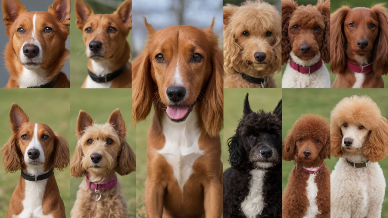 Collage of various dogs: a fox-colored mixed breed with pointy ears, a cream-colored Terrier mix with floppy ears, a fox-red Retriever-type dog, an adorable Basenji and Poodle mix, a white and brown Poodle, a black Poodle, and a reddish-brown and white Poodle. Different backgrounds.