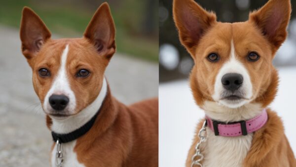 Two dogs with similar appearances are shown side-by-side. Both have reddish-brown fur, pointy ears, and white markings on their faces. The left dog, possibly a basenji and poodle mix, wears a black collar, while the right dog sports a pink one. Both are on leashes against a blurred background.